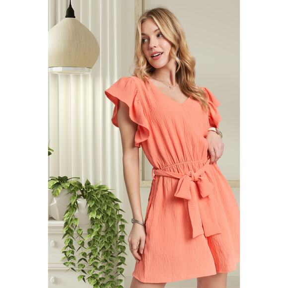 ADORA Ruffle Sleeves Side Pockets Waist Tie Detail Crinkle Fabric Romper | Coral - Picture 4 of 6